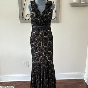 Betsy & Adam Black Lace Gown with Nude Lining